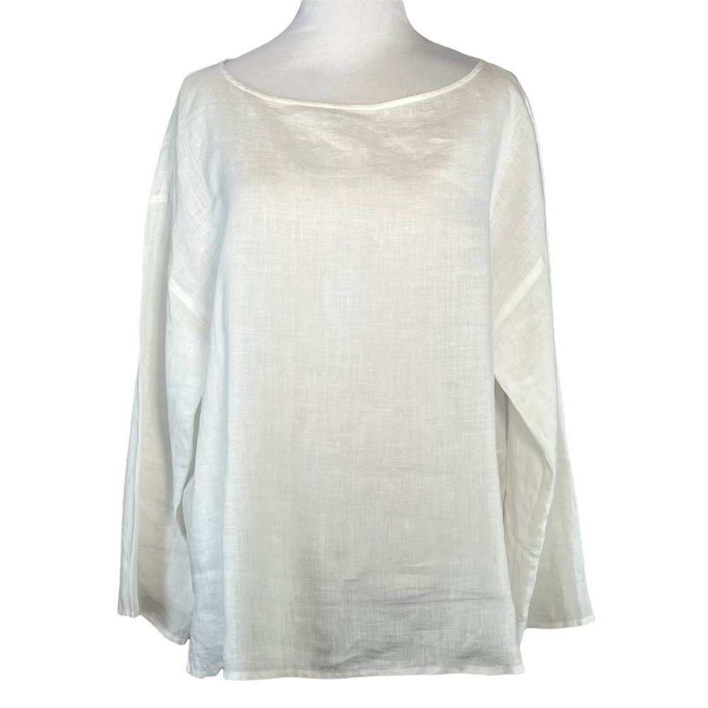 Eileen Fisher Organic Linen Top X Large White Boatneck Lagenlook